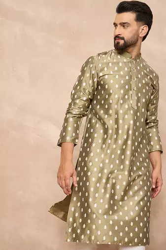Men olive pure silk abstract printed straight kurta with trousers