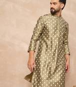 Men olive pure silk abstract printed straight kurta with trousers