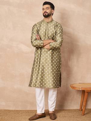Men olive pure silk abstract printed straight kurta with trousers 2