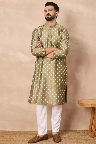 Men olive pure silk abstract printed straight kurta with trousers