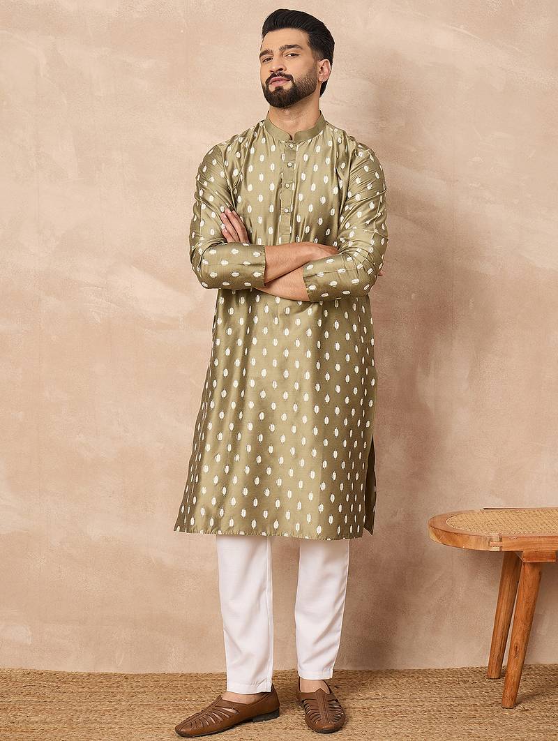 Men olive pure silk abstract printed straight kurta with trousers