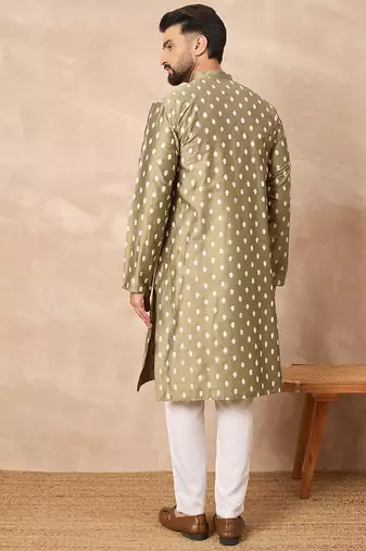 Men olive pure silk abstract printed straight kurta with trousers