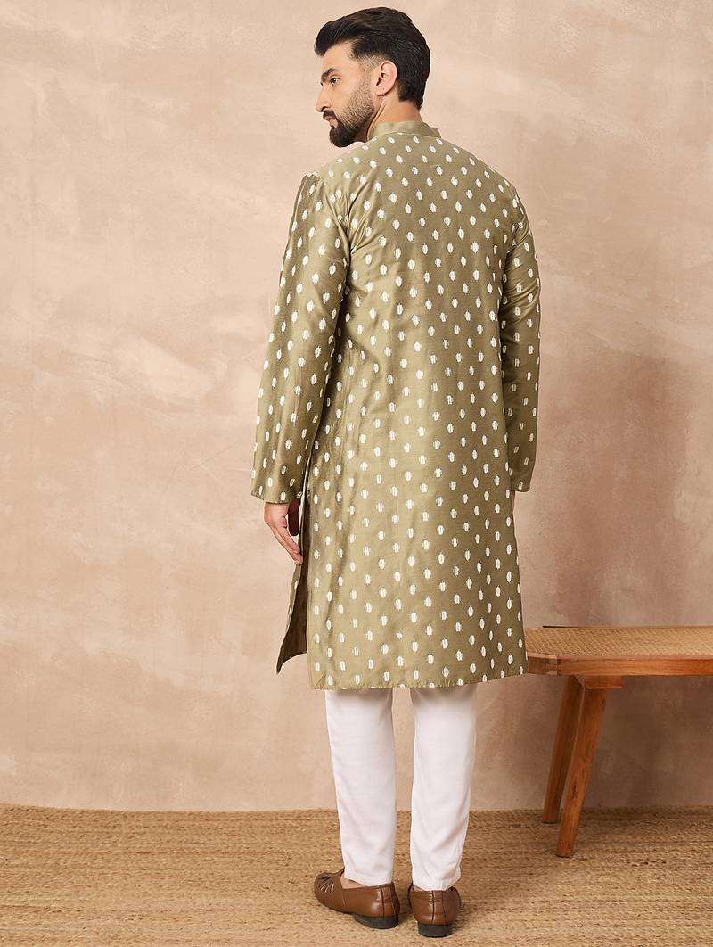 Men olive pure silk abstract printed straight kurta with trousers
