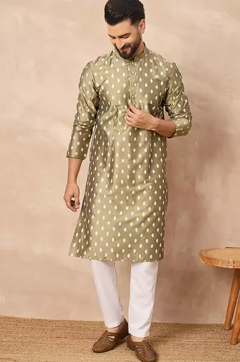 Men olive pure silk abstract printed straight kurta with trousers