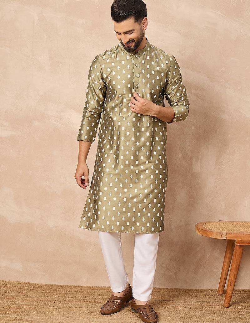 Men olive pure silk abstract printed straight kurta with trousers