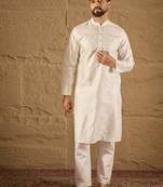 Men white silk blend solid embroidered straight kurta with trouser