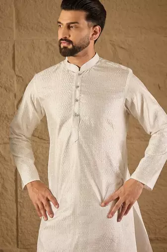 Men white silk blend solid embroidered straight kurta with trouser