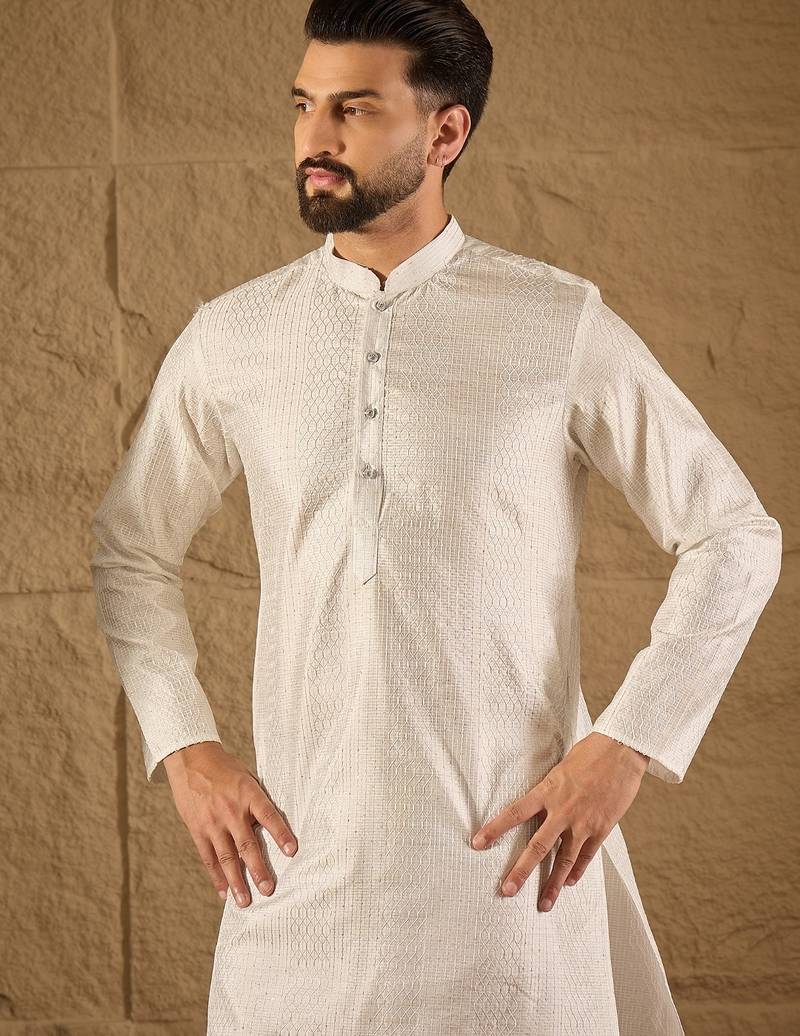 Men white silk blend solid embroidered straight kurta with trouser