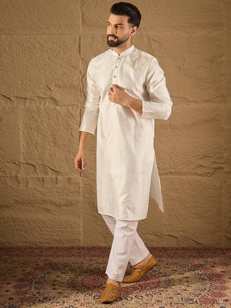 Men white silk blend solid embroidered straight kurta with trouser