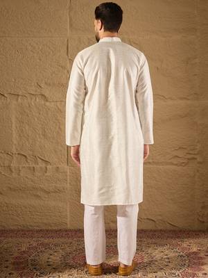 Men white silk blend solid embroidered straight kurta with trouser 4