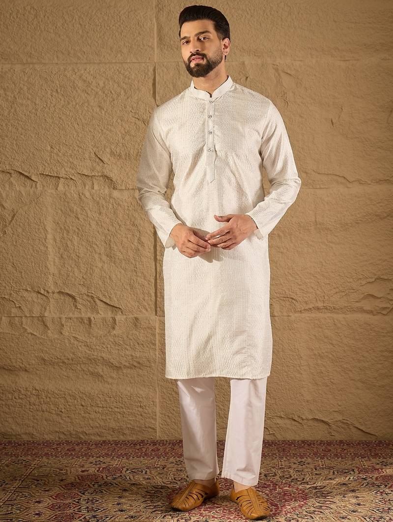 Men white silk blend solid embroidered straight kurta with trouser