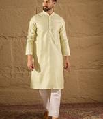 Men green silk blend solid embroidered straight kurta with trouser