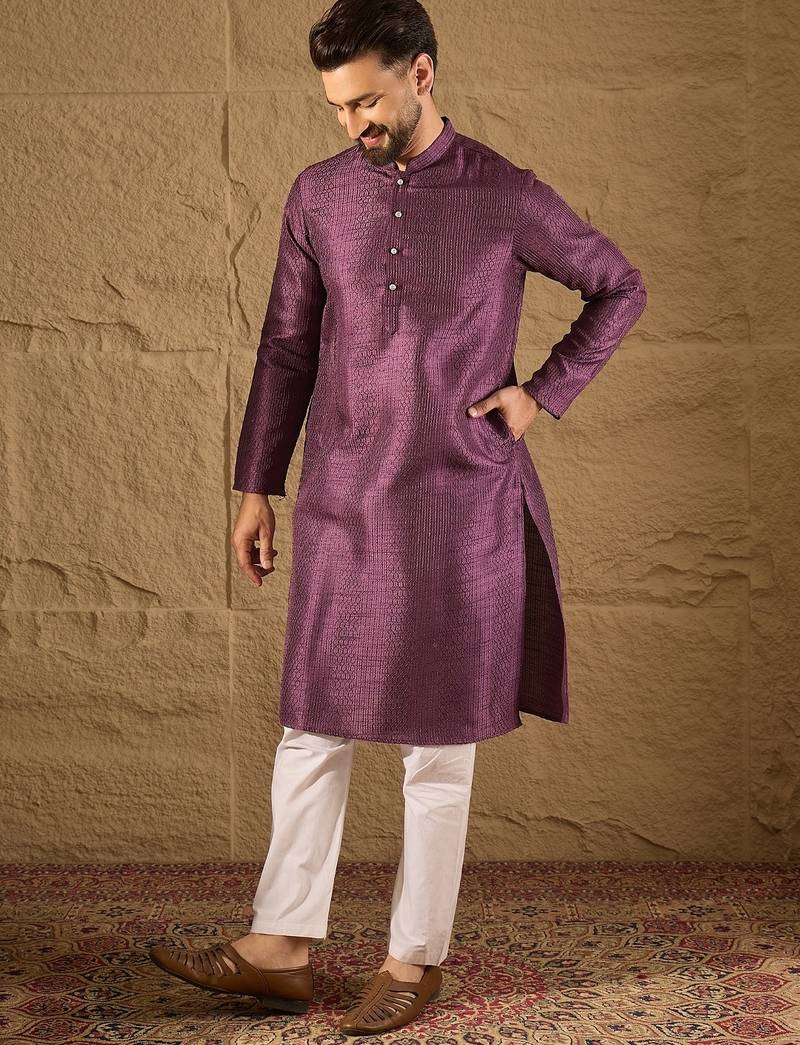 Men purple silk blend solid embroidered straight kurta with trouser