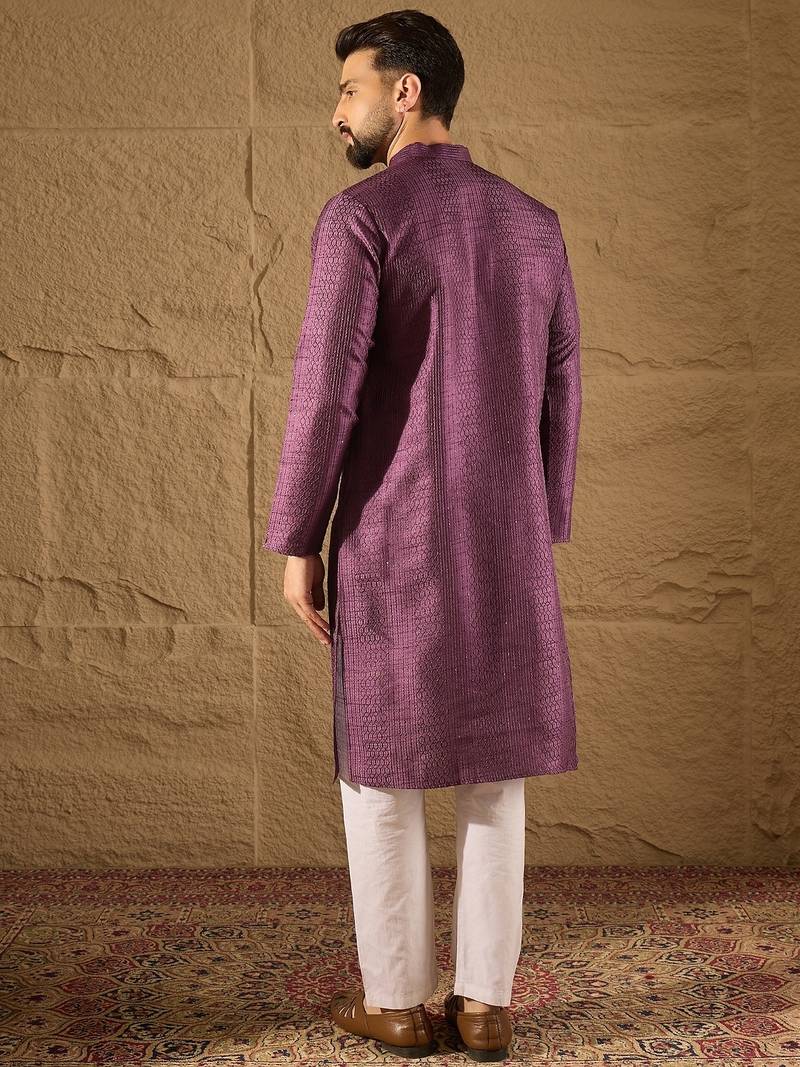 Men purple silk blend solid embroidered straight kurta with trouser