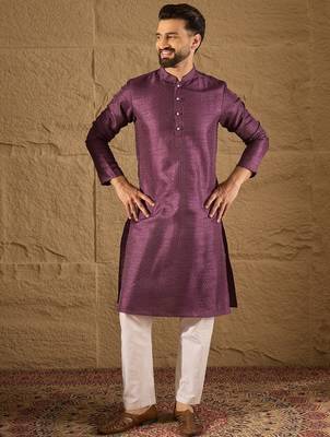 Men purple silk blend solid embroidered straight kurta with trouser 5