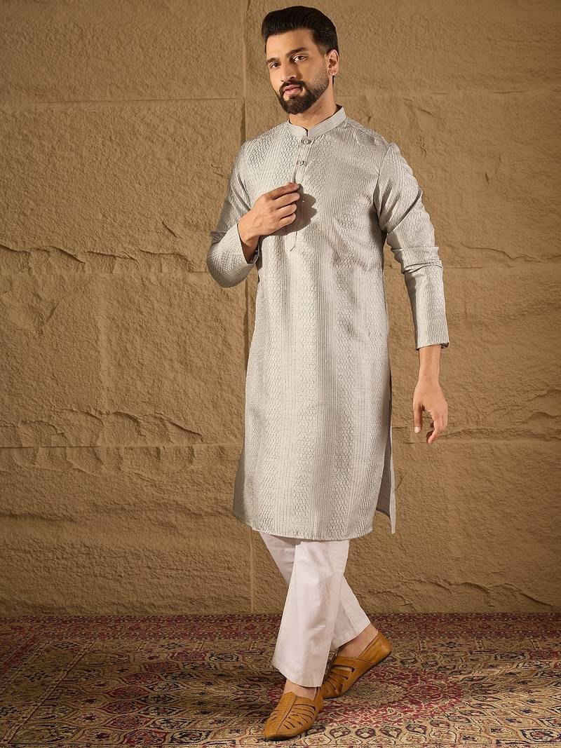 Men grey silk blend solid embroidered straight kurta with trouser