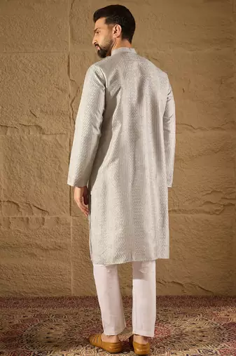 Men grey silk blend solid embroidered straight kurta with trouser
