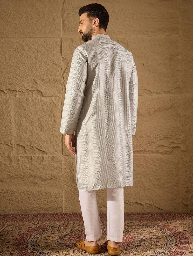 Men grey silk blend solid embroidered straight kurta with trouser