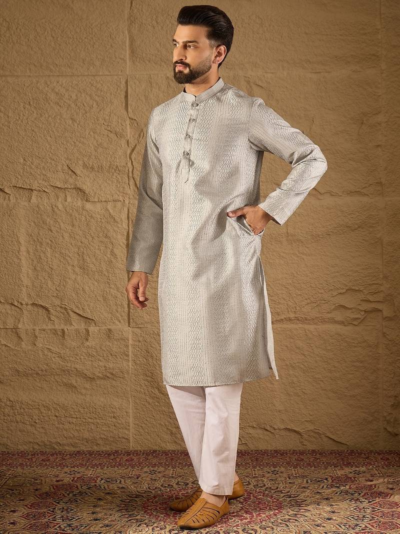 Men grey silk blend solid embroidered straight kurta with trouser