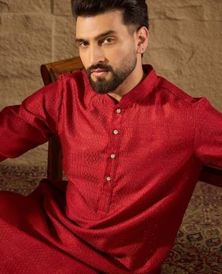 Men red silk blend solid embroidered straight kurta with trouser 1