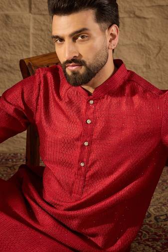 Men red silk blend solid embroidered straight kurta with trouser