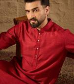 Men red silk blend solid embroidered straight kurta with trouser