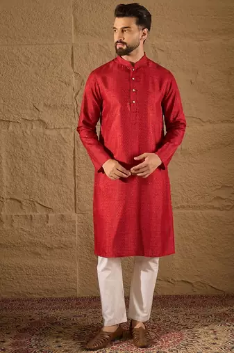 Men red silk blend solid embroidered straight kurta with trouser