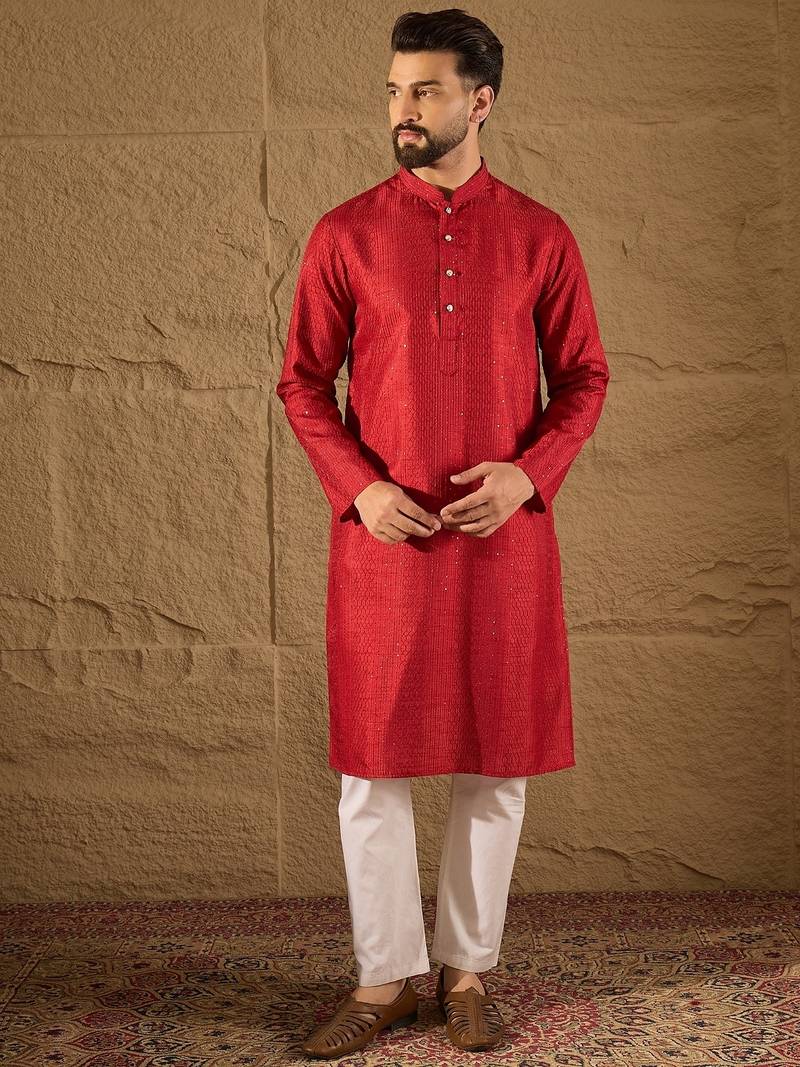 Men red silk blend solid embroidered straight kurta with trouser