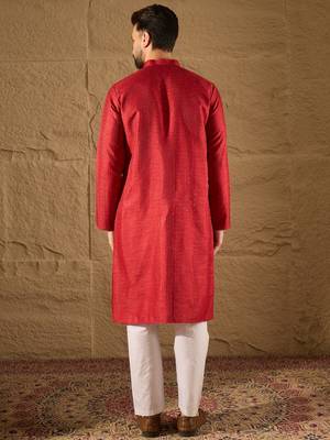 Men red silk blend solid embroidered straight kurta with trouser 4