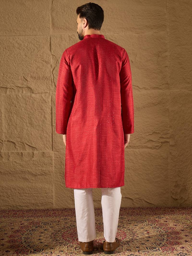 Men red silk blend solid embroidered straight kurta with trouser