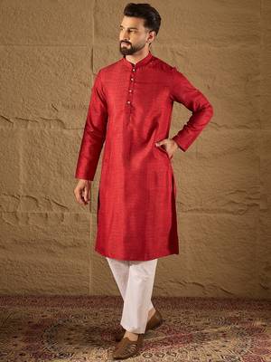 Men red silk blend solid embroidered straight kurta with trouser 5