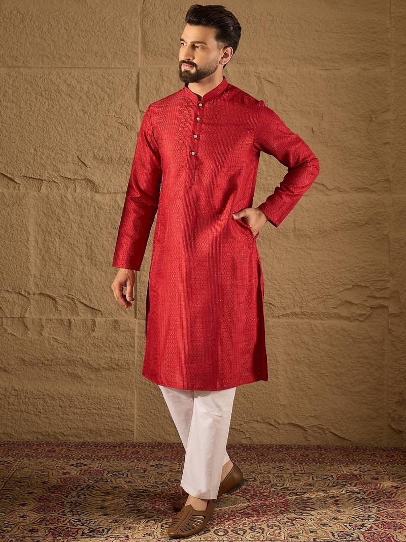 Men red silk blend solid embroidered straight kurta with trouser