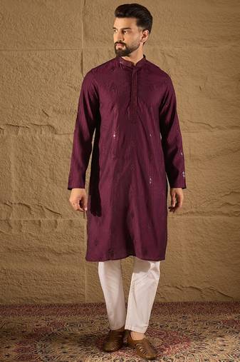 Men purple viscose rayon solid embroidered straight kurta with trouser