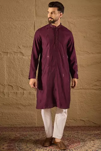 Men purple viscose rayon solid embroidered straight kurta with trouser