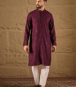 Men purple viscose rayon solid embroidered straight kurta with trouser
