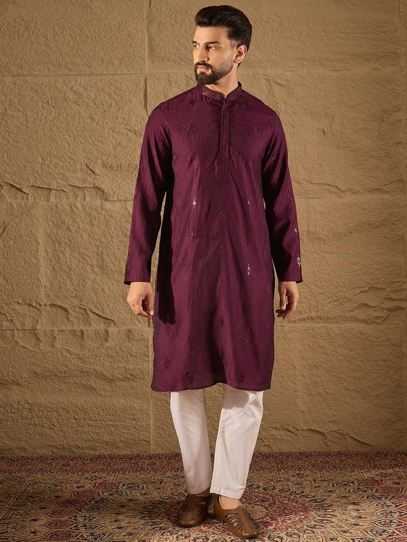 Men purple viscose rayon solid embroidered straight kurta with trouser