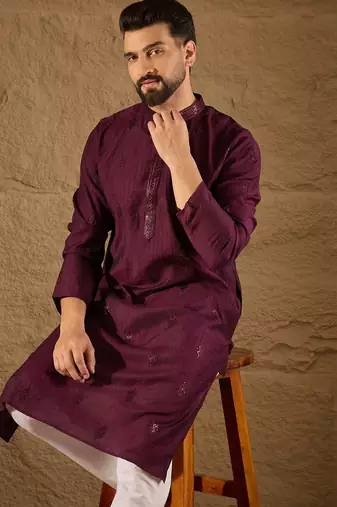 Men purple viscose rayon solid embroidered straight kurta with trouser