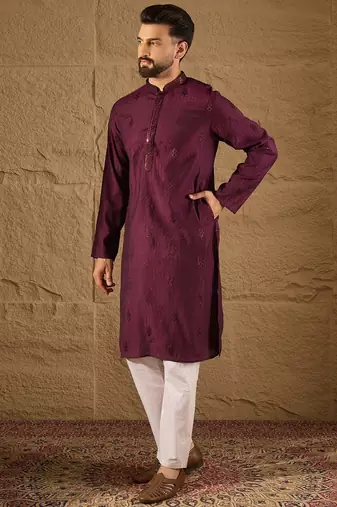Men purple viscose rayon solid embroidered straight kurta with trouser