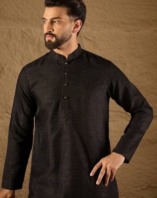 Men black silk blend solid embroidered straight kurta with trouser 1