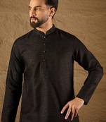 Men black silk blend solid embroidered straight kurta with trouser
