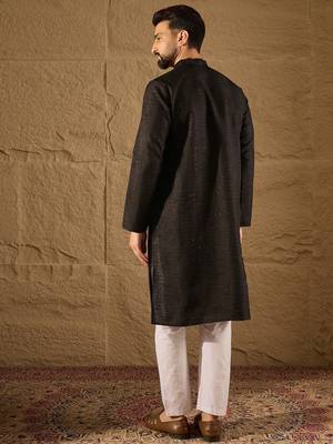 Men black silk blend solid embroidered straight kurta with trouser 4