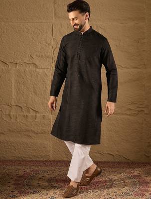 Men black silk blend solid embroidered straight kurta with trouser 5