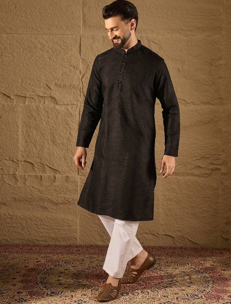 Men black silk blend solid embroidered straight kurta with trouser