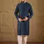 Men blue viscose rayon solid embroidered straight kurta with trouser