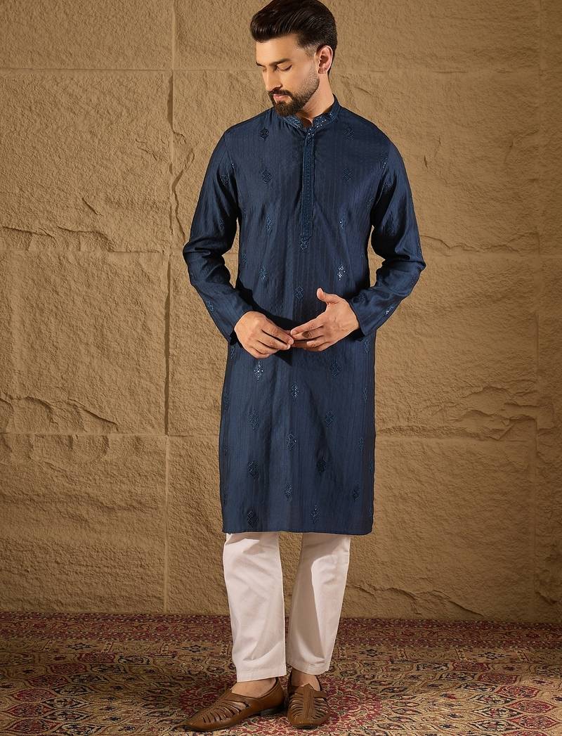 Men blue viscose rayon solid embroidered straight kurta with trouser