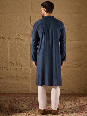 Men blue viscose rayon solid embroidered straight kurta with trouser 4