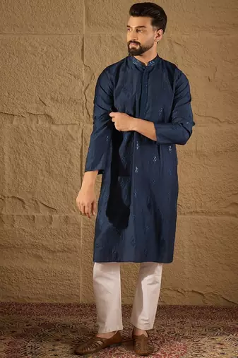 Men blue viscose rayon solid embroidered straight kurta with trouser