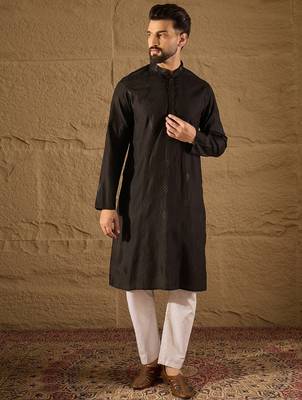 Men black viscose rayon solid embroidered straight kurta with trouser 1