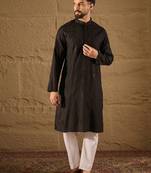 Men black viscose rayon solid embroidered straight kurta with trouser