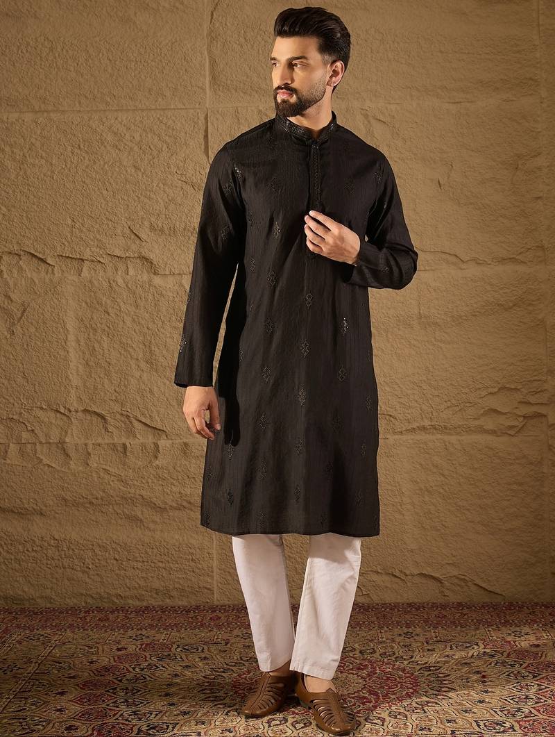 Men black viscose rayon solid embroidered straight kurta with trouser